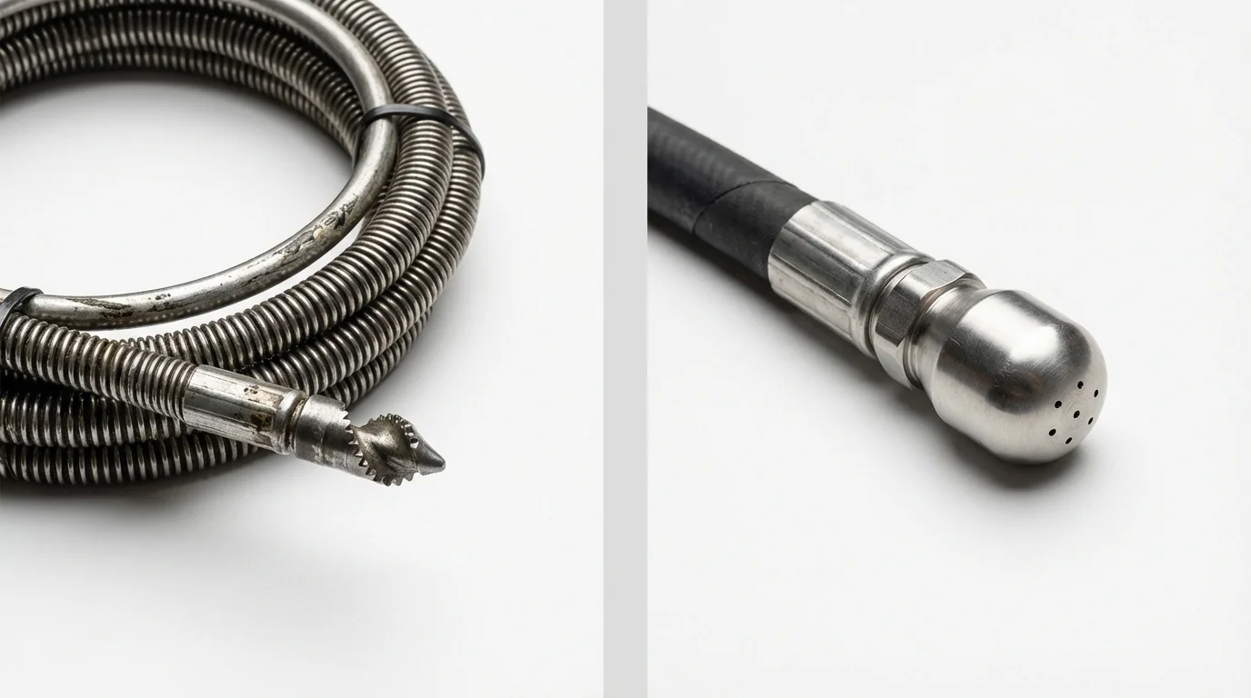 Drain snake cable and hydro jetting nozzle used for drain cleaning in Morrow, GA