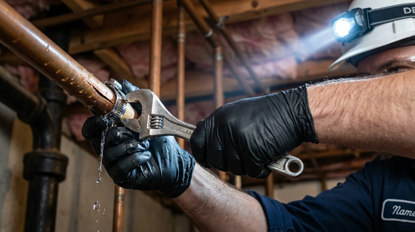 Emergency pipe clamp repair being performed by a Johns Plumbing LLC plumber in Morrow