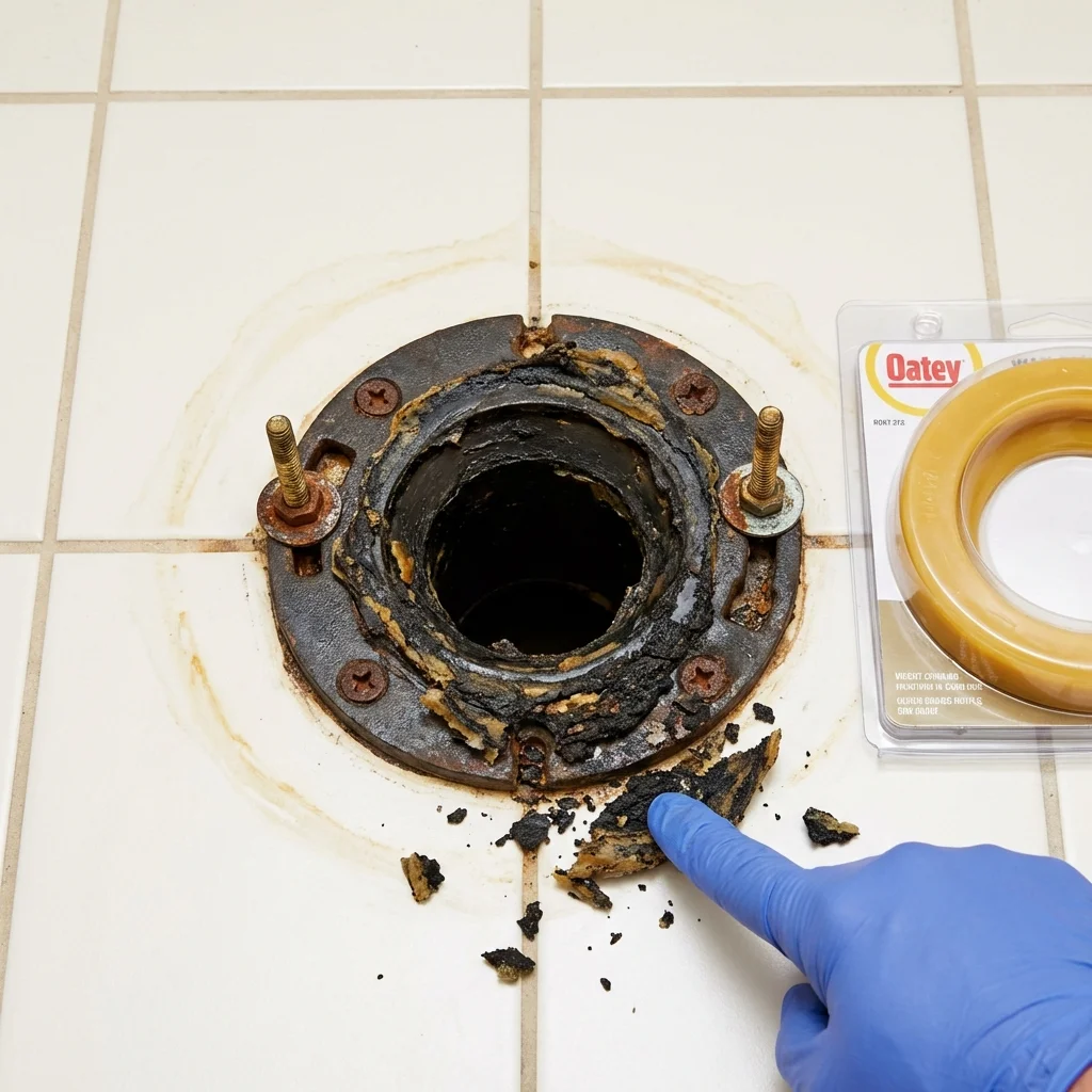 Failed wax ring showing water seepage at the base of a toilet in a Morrow, GA home