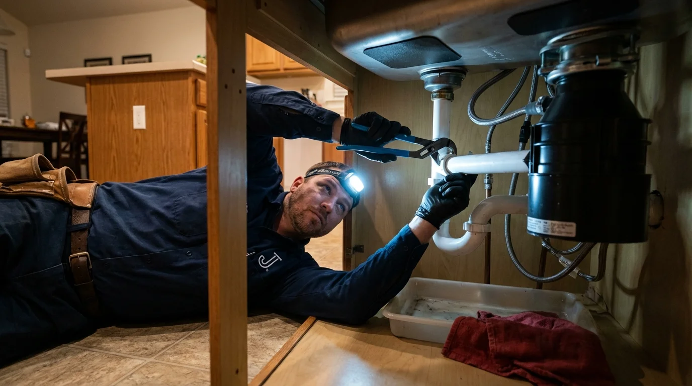 P-trap and supply line connections under a kitchen sink showing a common leak point in Morrow, GA